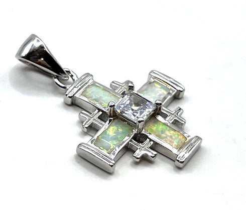Sterling Silver with Opal Jerusalem Cross Pendant